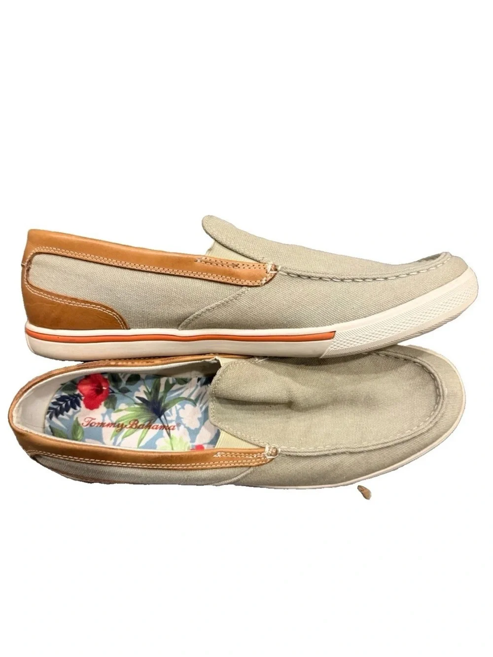 Tommy Bahama Beige Canvas Slip-On Loafers with Tan Trim men’s size 11